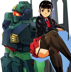  black_hair black_jacket blue_necktie blunt_bangs braid breasts brown_eyes brown_legwear commentary_request crossed_legs female garter_straps gundam invisible_chair jacket kamisimo_90 looking_at_viewer mecha medium_breasts necktie nemo_(mobile_suit) original plain_girl_(kamisimo_90) pleated_skirt red_jacket red_skirt robot school_uniform shirt sitting skirt smile thighhighs thighs twin_braids white_shirt zeta_gundam 