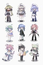  6+girls ahoge animal_ear_fluff animal_ears apron armband ascot asymmetrical_legwear back_bow bandaid bandaid_on_clothes bandaid_on_knee bandaid_on_leg bandaid_on_thigh bare_arms bell black_bow black_dress black_footwear black_hair black_hairband black_jacket black_necktie black_ribbon black_skirt black_thighhighs blonde_hair blue_apron blue_eyes blue_footwear blue_jacket blue_necktie blue_pantyhose blush_stickers bow bowtie brown_eyes cake cake_slice cat_ears cat_girl cat_tail collar collared_shirt commentary daizu_(melon-lemon) demon_horns demon_wings detached_ahoge detached_collar dress flower food frilled_apron frills full_body glasses gloves green_bow green_eyes green_hair green_ribbons grey_dress grey_footwear grey_hair grey_skirt hair_between_eyes hair_bobbles hair_ornament hair_ribbon hairband hairbow hat headset heterochromia highres holding holding_cake holding_flower holding_food holding_suitcase horns interlocked_fingers jacket jingle_bell leotard long_sleeves looking_at_viewer maid_apron maid_headdress medium_hair mittens multiple_girls name_tag neck_bell neck_ribbon necktie no_nose one_eye_closed one_side_up orange_eyes original own_hands_clasped own_hands_together pantyhose parted_lips pink_eyes pink_hair pixel_art playboy_bunny pleated_skirt puffy_short_sleeves puffy_sleeves purple_hair rabbit_tail red_bow red_bowtie ribbon sailor_collar sailor_hat sailor_shirt see-through see-through_skirt semi-rimless_eyewear shirt shoes short_sleeves sidelocks simple_background sitting skirt standing strapless strapless_leotard strawberry_shortcake suitcase tail thighhighs twintails two_side_up under-rim_eyewear uneven_legwear v v_over_eye white_apron white_background white_collar white_footwear white_gloves white_hairband white_headwear white_leotard white_mittens white_pantyhose white_shirt white_skirt white_thighhighs wide_sleeves wing_hair_ornament wings x_hair_ornament yellow_ascot zettai_ryouiki 