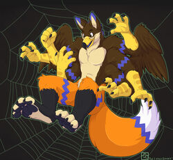  6_arms anthro avian beak brown_body brown_fur canid canine digitigrade feathered_wings feathers forearms fox fur gryphon gryphox hybrid male mammal multi_arm multi_limb mythological_avian mythological_creature mythology nude orange_body orange_fur pawpads scaled_forearms scales smile solo spidersnax_(artist) transformation velux wings 