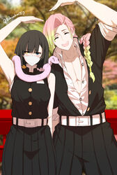  1boy :d ^_^ arm_up bandage_on_face bandages bare_arms bare_shoulders belt belt_buckle black_hair black_jacket black_pants black_skirt blue_eyes blurry blurry_background braid breasts buckle closed_eyes collarbone collared_shirt commentary covered_mouth day demon_slayer_uniform depth_of_field dishwasher1910 dress_shirt english_commentary facing_viewer female genderswap_(ftm) genderswap_(mtf) gradient_hair green_hair hair_over_shoulder heart_arms_duo heterochromia highres iguro_obanai jacket kaburamaru kanroji_mitsuri kimetsu_no_yaiba leaning_to_the_side long_hair medium_breasts mole mole_under_eye multicolored_hair open_clothes open_jacket open_mouth open_shirt outdoors pants pink_hair pleated_skirt rule_63 shirt short_sleeves skirt sleeveless sleeveless_jacket sleeveless_shirt smile snake twitter_username very_long_hair white_belt white_shirt yellow_eyes 