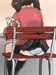  4me_4ma ass black_skirt black_socks brown_hair chair commentary_request feet_out_of_frame female from_behind highres japanese_clothes kantai_collection kariginu on_chair panties pleated_skirt red_shirt ryuujou_(kancolle) shirt sitting skirt socks solo striped_clothes striped_panties twintails underwear 