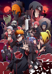  6+boys akatsuki_(naruto) amber_eyes black_hair blonde_hair blue_eye blue_hair closed_eyes deidara eyebrows eyeshadow female fingernails fingers forehead forehead_protector glove gold_eyes green_eyes green_hair hair_over_one_eye hands headband hidan hoshigaki_kisame kakuzu kirigakure_symbol konan konohagakure_symbol makeup mask moon multiple_boys nagato_(naruto) nail_polish naruto naruto_shippuuden necklace orange_hair pain_(naruto) pain_(tendo) paper piercing purple_eyes red_eyes red_hair red_moon rinnegan sasori sharingan short_hair silver_hair spiky_hair teeth third_kazekage tobi tongue uchiha_itachi uchiha_obito weapon yahiko_(naruto) zetsu 