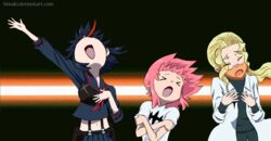  &gt;_&lt; &gt;o&lt; 1boy 3girls animated animated bakyu-n!! black_hair blonde_hair blue_eyes blush closed_eyes commentary_request dress epaulettes fringe_trim glasses h0saki head_tilt iori_shirou jakuzure_nonon junketsu kill_la_kill kiryuuin_satsuki lab_coat long_hair long_sleeves looking_up mask matoi_ryuuko midriff multicolored_hair multiple_girls navel neckerchief one_eye_closed open_mouth parody pink_hair pleated_skirt ponytail red_hair school_uniform serafuku short_dress short_hair skirt streaked_hair suspenders tongue tongue_out two-tone_hair watermark wind winking_(animated) yuru_yuri 