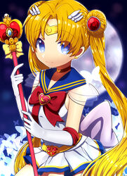  bishoujo_senshi_sailor_moon bishoujo_senshi_sailor_moon_s blonde_hair blue_eyes cleavage collar coo diadem earrings female gloves hair_buns jewelry long_hair looking_at_viewer magical_girl sailor_collar sailor_moon tsukino_usagi twintails weapons white_gloves 