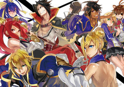  3boys 6+girls antenna_hair back backless_dress backless_outfit bare_back bare_shoulders blazblue blazblue_remix_heart blonde_hair blue_eyes bow brown_eyes brown_hair commentary_request dress estella_mckenzie forked_eyebrows green_eyes grin hibiki_kohaku hyakuhachi_(over3) izayoi_(blazblue) jin_kisaragi kagura_mutsuki mai_natsume makoto_nanaya mole multiple_boys multiple_girls noel_vermillion one_eye_closed purple_hair red_eyes red_hair school_uniform skirt smile taro_sasagae uniform yellow_bow 