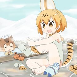  2girls animal_ears animal_print bare_shoulders barefoot blonde_hair bow brown_hair capybara_(kemono_friends) dark_skin feet highres kemono_friends looking_at_viewer lucky_beast_(kemono_friends) maimai251 multiple_girls onsen serval_(kemono_friends) serval_ears serval_print serval_tail shirt short_hair sleeveless sleeveless_shirt soles tail tanline tanned thighhighs toes undressing water wet white_shirt yellow_eyes 