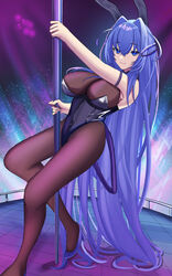  absurdly_long_hair animal_ears arm_strap azur_lane black_leotard bodystocking breasts cleavage commentary fake_animal_ears female full_body hair_spread_out high_heels highres impossible_clothes large_breasts leotard long_hair looking_at_viewer new_jersey_(azur_lane) new_jersey_(exhilarating_steps!)_(azur_lane) nightclub official_alternate_costume oversized_breast_cup playboy_bunny pole pole_dancing purple_eyes purple_hair rabbit_ears ref_(pmxt4483) see-through see-through_cleavage shoes stage_lights strapless strapless_leotard stripper_pole very_long_hair 