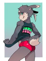  3:4 anthro ass bottomwear cheek_tuft clothed clothing clothing_pull dipstick_ears ear_markings ear_tuft facial_tuft fluffy fluffy_tail fully_clothed fur green_background grey_body grey_fur hair head_tuft hi_res kemono lagomorph leporid licking licking_lips licking_own_lips looking_at_viewer looking_back male mammal mawarisaka3 mawarisaka_(character) milestone multicolored_body multicolored_ears multicolored_fur ponytail pose rabbit rear_view red_clothing red_underwear self_lick shirt shirt_pull short_ponytail shorts simple_background smile social_media_milestone solo spandex spandex_shorts standing tail tan_body tan_ear_tips tan_fur tank_top teal_eyes tight_bottomwear tight_clothing tight_shorts tongue tongue_out topwear topwear_pull tuft two_tone_body two_tone_fur underwear 