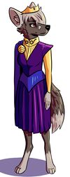  anthro autym black_nose canid canine cape clothed clothing crown dipstick_ears dipstick_tail dress ear_markings female fox fur gold_(metal) gold_clothing grey_body grey_fur grey_hair hair headgear hi_res long_sleeves looking_aside looking_away mammal markings multicolored_ears paws purple_clothing red_eyes ruby_mordeaux shaded silver_hair solo standing tail tail_markings 