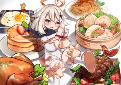  ahoge bad_id bad_pixiv_id bamboo_steamer baozi blue_eyes blush bondage bondage bound bound_wrists crystal_shrimp_(genshin_impact) dress dumpling egg_(food) female food fried_egg fruit genshin_impact goyain hair_between_eyes hair_ornament halo highres kneehighs long_sleeves looking_at_viewer open_mouth outrider&#039;s_champion_steak!_(genshin_impact) paimon_(genshin_impact) pancake pancake_stack pasta plate romper scarf short_hair shrimp sitting socks solo steak strawberry sweet_madame_(genshin_impact) syrup tearing_up teyvat_charred_egg_(genshin_impact) tomato vegetable white_dress white_hair white_romper white_socks 