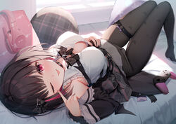  armpit_crease bare_shoulders belt black_choker black_hair black_pantyhose black_skirt bow bowtie breasts choker closed_mouth clothes_lift collared_shirt commentary detached_sleeves female frilled_shirt frills hairbow hand_on_own_stomach highres indie_virtual_youtuber large_breasts legs_up lifting_own_clothes long_sleeves looking_at_viewer lying miniskirt multicolored_hair nijihashi_sora nintendo_switch_pro_controller on_back one_eye_closed panties panties_under_pantyhose pantyhose plaid plaid_skirt red_eyes rikotan_(vtuber) shirt short_hair skirt skirt_lift sleeveless sleeveless_shirt smile solo streaked_hair symbol-only_commentary thigh_gap thigh_strap thighs tongue tongue_out unbuttoned unbuttoned_shirt underwear virtual_youtuber white_panties white_shirt 