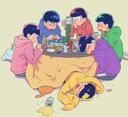  6+boys :3 alcohol archived_source bad_link bag balancing beer beer_bottle beer_can beige_background blue_hoodie blush bottle brothers can can_opener cellphone closed_eyes closed_mouth cup drink drink_can drinking_glass esper_nyanko food from_behind green_hoodie half-closed_eyes hand_up hands_up holding holding_can holding_phone hood hood_down hoodie kotatsu looking_at_another looking_down lying male_focus matsuno_choromatsu matsuno_ichimatsu matsuno_jyushimatsu matsuno_karamatsu matsuno_osomatsu matsuno_todomatsu multiple_boys o3o on_side open_mouth osomatsu-kun osomatsu-san osomatsu_(series) parted_lips phone pink_hoodie plastic_bag profile puckered_lips purple_hoodie qqmng red_hoodie sextuplets siblings simple_background sitting sleeping sleeping_upright smartphone smile spilling stacking table triangle_mouth under_kotatsu under_the_table v-shaped_eyebrows yellow_hoodie 