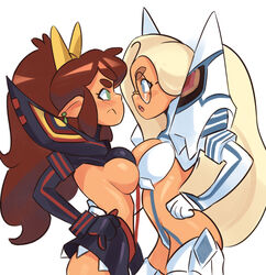  2girls big_hair blonde_hair blue_eyes boots borrowed_character breast_contest breast_press breasts brown_hair cosplay dark-skinned_female dark_skin earrings elf english_commentary from_side frown glasses green_eyes hands_on_own_hips jewelry june_(squeezable) junketsu kill_la_kill kiryuuin_satsuki kiryuuin_satsuki_(cosplay) large_breasts latte_(klimspree) long_hair matoi_ryuuko matoi_ryuuko_(cosplay) mismatched_eyebrows mole mole_under_eye multiple_girls original pointy_ears revealing_clothes senketsu sideboob simple_background squeezable_(squeezabledraws) suspenders symmetrical_docking thick_eyebrows thigh_boots thighhighs upper_body very_long_hair 