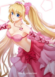  ahoge artist_name bare_shoulders bikini bikini_top_only blonde_hair blue_eyes bow breasts bridal_gauntlets cleavage collarbone commentary cowboy_shot curly_hair earrings female flower hair_between_eyes hair_flower hair_intakes hair_ornament highres jewelry kna_illustrations layered_skirt long_hair long_skirt looking_at_viewer medium_breasts mermaid mermaid_melody_pichi_pichi_pitch monster_girl nanami_lucia nanami_lucia_(princess) navel necklace open_mouth pentagon_(shape) pink_bikini pink_bow pink_skirt polka_dot polka_dot_bikini shell shell_earrings shell_necklace showgirl_skirt sidelocks signature simple_background skirt solo stomach swimsuit twintails very_long_hair white_background white_skirt 