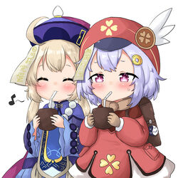  2girls ^_^ backpack bag bailingxiao_jiu bendy_straw blonde_hair blue_dress blush brown_gloves cabbie_hat chinese_commentary closed_eyes closed_mouth coconut commentary cosplay costume_switch cropped_jacket dress drinking drinking_straw eighth_note fruit_cup genshin_impact gloves hair_ornament hat highres holding jacket klee_(genshin_impact) klee_(genshin_impact)_(cosplay) long_hair long_sleeves low_twintails multiple_girls musical_note ofuda puffy_long_sleeves puffy_sleeves purple_eyes purple_hair purple_headwear purple_jacket qingdai_guanmao qiqi_(genshin_impact) qiqi_(genshin_impact)_(cosplay) red_dress red_headwear simple_background twintails white_background wide_sleeves yin_yang 