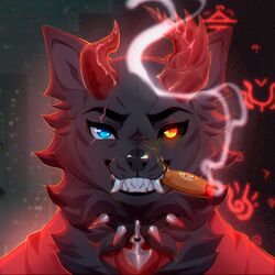  1:1 alastor_bloodmourne anthro black_body black_fur bust_portrait canid canine cigar cigar_in_mouth cigar_smoke clothing collar fur heterochromia horn hybrid icon male mammal object_in_mouth portrait red_clothing rikitoka scar smoke solo spiked_collar spikes 