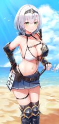  3girls absurdres armor beach bikini bikini_armor bird black_thighhighs blue_choker blue_sky braid breasts choker cleavage cloud collarbone crown_braid day fingerless_gloves giant_squid gloves green_eyes grey_hair hairband hand_on_own_hip highres hololive houshou_marine izu_(tea_value_lord) large_breasts leg_armor miniskirt mole mole_on_breast multiple_girls navel outdoors sand shiranui_flare shirogane_noel shirogane_noel_(1st_costume) shirogane_noel_(summer_2020) short_hair shoulder_armor skirt sky solo_focus stomach strap_gap sunlight swimsuit tentacle tentacle_grab thigh_strap thighhighs virtual_youtuber 