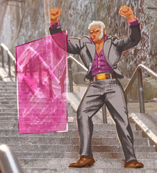  1boy 3d_background aegis_reflector arms_up belt_buckle breasts buckle clenched_hands closed_eyes commentary dark_skin english_commentary fist_pump forehead_jewel formal full_body grey_suit joker_(2019) madguymao male_focus parody pinstripe_suit purple_shirt shirt sideboob solo stairs street_fighter street_fighter_v striped suit urien white_hair 