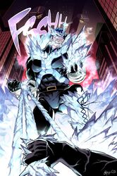  1boy alternate_costume alternate_hair_color alternate_universe alternate_weapon ass_visible_through_thighs bara beard black_bodysuit blue_hair bodysuit boku_no_hero_academia bulge commentary_request covered_abs endeavor_(boku_no_hero_academia) facial_hair fighting_stance full_body highres ice kan_(pyy_c12) large_pectorals male_focus mature_male muscular muscular_male parted_lips pectorals red_hair short_hair sideburns solo spiked_hair superhero_costume thick_thighs thighs weapon 