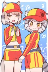  2girls :d alternate_costume animal_ear_fluff animal_ears baseball_cap belt blush brown_hair cat_ears cat_girl cat_tail clapping crop_top ears_through_headwear fox_ears fox_girl fox_tail grey_hair hat kemono_friends kemono_friends_3 kitsunetsuki_itsuki lifeguard long_sleeves matching_outfits midriff multicolored_hair multiple_girls open_mouth pallas&#039;s_cat_(kemono_friends) short_hair short_shorts shorts smile swimsuit tail tibetan_fox_(kemono_friends) yellow_eyes 