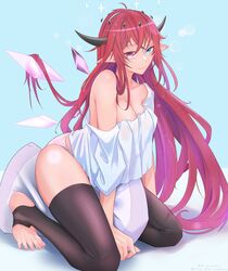  alternate_costume between_legs blue_eyes breasts cleavage commentary crystal_wings english_commentary female heterochromia highres hololive hololive_english horns irys_(hololive) long_hair looking_at_viewer multicolored_hair off_shoulder panties pillow pointy_ears purple_eyes purple_hair red_hair shirt smile solo streaked_hair the_raineman thighhighs underwear very_long_hair virtual_youtuber 