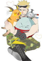  blonde_hair electrode gloves gym_leader heart hug machisu_(pokemon) magnemite pokemon raichu uniform 