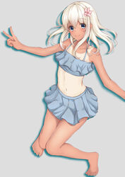  absurdres alternate_costume bare_shoulders blonde_hair blue_eyes blush female flat_chest flower hair_flower hair_ornament kantai_collection kaze_hajime legs long_hair navel one-piece_tan ro-500_(kantai_collection) simple_background smile solo swimsuit tan tanline v 