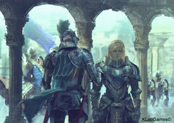  arch armor blonde_hair blue_cape blue_eyes breastplate cape chains closed_mouth commentary_request copyright_request couter cuirass facing_to_the_side faulds female floating_cape flower full_armor gauntlets gorget greaves hair_flower hair_ornament hand_on_another&#039;s_shoulder hand_up helmet light_frown looking_at_viewer pauldrons pelvic_curtain people photoshop_(medium) plate_armor plume rerebrace rondel scale_armor sheath sheathed shoulder_armor solo_focus sword tomono_rui vambraces watermark weapon 