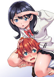  1boy black_hair black_skirt blue_eyes blush bow bowtie breasts cardigan collared_shirt commentary couple female gridman_universe hand_on_another&#039;s_head hand_up hands_on_another&#039;s_leg hibiki_yuuta kageoi loafers long_hair long_sleeves medium_breasts miniskirt open_mouth orange_scrunchie pleated_skirt red_bow red_bowtie red_hair school_uniform scrunchie shading_eyes shirt shoes sitting_on_shoulder skirt ssss.gridman straight sweater takarada_rikka thighs v-shaped_eyebrows white_cardigan white_shirt white_sweater wing_collar wrist_scrunchie 