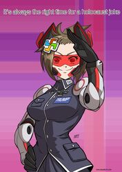  android breasts brown_hair character_name cowboy_shot cross english_text female gloves hand_on_own_hip highres iron_cross kukuruyo looking_at_viewer medium_breasts microsoft personification salute short_hair signature smile solo swastika tay_tweets visor watermark web_address 