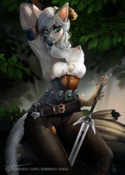  2018 5_fingers alternate_species anthro aomori bedroom_eyes breasts cirilla_fiona_elen_riannon clothed clothing detailed_background digital_media_(artwork) domestic_cat felid feline felis female fingers fur furrification green_eyes grey_hair hair holding_melee_weapon holding_object holding_sword holding_weapon mammal melee_weapon narrowed_eyes pink_nose seductive solo sword tail the_witcher weapon white_body white_fur 