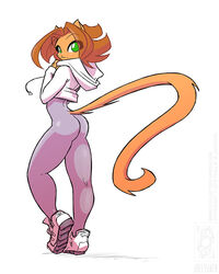  2018 anthro ass brown_body brown_fur brown_hair clothed clothing conditional_dnp domestic_cat felid feline felis female footwear fur green_eyes hair hoodie jollyjack kat_vance looking_at_viewer looking_back mammal sequential_art shoes simple_background skintight_clothing sneakers solo tail tan_body tan_fur topwear white_background 