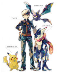  callum_(pokemon) calme_(pokemon) cap crobat greninja highres pikachu poke_ball pokemon pokemon_(game) pokemon_xy smile wink yuuichi_(bobobo) 