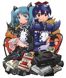  2girls aqua_eyes aqua_hair arcade_stick atari atari_jaguar bad_id bad_tumblr_id blue_hair blush bridal_gauntlets cable choker controller cross denshi_yuugi_mokushiroku famicom famicom_cartridge famicom_gamepad flat_chest fur_collar game_boy game_boy_(original) game_cartridge game_console game_controller gamepad gothic_lolita grin hair_ribbon handheld_game_console horns joystick lolita_fashion matsuda_yuusuke multiple_girls nec_corporation neo_geo nintendo pc_engine pc_engine_supergrafx red_cross red_eyes ribbon sega sega_cd sega_game_gear sega_mega_drive short_hair smile super_famicom super_famicom_gamepad teiru_(denshi_yuugi_mokushiroku) terura twintails wings 