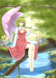  armband ascot bad_id bad_pixiv_id bare_legs barefoot branch breasts commentary_request dress female flower flower_request flower_umbrella grass green_hair kazami_yuuka long_sleeves medium_breasts nature plaid plaid_dress plaid_vest primamiya red_eyes river shirt solo touhou vest white_shirt 