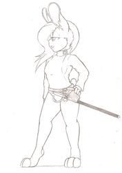  absurd_res anthro buckteeth clothed clothing denzeltip female fur hair hi_res lagomorph leporid mammal melee_weapon monochrome rabbit rapier sabre_(weapon) solo standing sword teeth weapon 