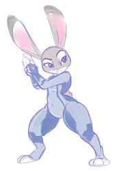  2016 anthro brachyzoid cosplay crossover digital_media_(artwork) disney female fur grey_body grey_fur gun judy_hopps lagomorph leporid long_ears mammal metroid navel nintendo rabbit ranged_weapon solo thick_thighs unknown_artist weapon wide_hips zero_suit zootopia 