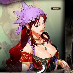  breasts brown_hair cleavage cropped dahna_(grandia) earring edited eyeshadow female female game_arts grandia grandia_iii halter_top jewelry large_breasts lips lipstick makeup nail_polish pursed_lips red_eyes red_lips screenshot shiny shiny_skin solo square_enix zoom_layer 