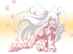  :3 all_fours alternate_breast_size animal_ears animal_print arm_support bakemonogatari barefoot black_hanekawa breasts cat_ears cat_girl cat_print commentary_request female hanekawa_tsubasa highres licking long_hair medium_breasts monogatari_(series) one_eye_closed pajamas paw_pose pitecube print_pajamas smile solo tongue tongue_out very_long_hair white_hair yellow_eyes 