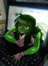  animification breasts colored_skin commentary_request computer female fingerless_gloves gamugamupon gloves green_eyes green_hair green_lips green_skin huge_breasts jennifer_walters laptop leotard lipstick long_hair makeup marvel open_mouth she-hulk solo through_medium through_screen wide-eyed 