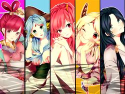  5girls :d :p ;) blonde_hair blue_eyes blue_hair blunt_bangs blush breasts brown_hat chinese_clothes cleavage closed_mouth collarbone colored_eyelashes commentary forehead_jewel foreshortening green_eyes hair_ornament hair_rings hair_slicked_back hair_stick hair_tie hair_tubes hands_on_own_cheeks hands_on_own_face hanfu hat headband heart heart-shaped_pupils knee_up large_breasts leg_up long_hair long_sleeves looking_at_viewer magi_the_labyrinth_of_magic mole mole_under_mouth morgiana multiple_girls one_eye_closed open_mouth outline own_hands_together parted_lips pink_eyes pink_hair pisti red_hair ren_hakuei ren_kougyoku sash see-through short_sleeves sitting smile standing standing_on_one_leg symbol-shaped_pupils tareme tongue tongue_out white_outline wide_sleeves yamuraiha zarame_(tenpuki) 