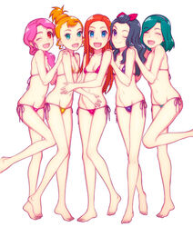  5girls :d ;d ^_^ aqua_eyes aqua_hair barefoot bikini black_hair blonde_hair blue_eyes blush breasts cameltoe chae_kyoung closed_eyes commentary_request crossed_legs flat_chest flat_color green_hair groin hair_bun hair_ornament hair_over_shoulder hair_ribbon hairband hairclip hand_on_another&#039;s_stomach hands_on_another&#039;s_shoulders highres hijiri_rei hug hye_in_(pretty_rhythm) jae_eun_(pretty_rhythm) leg_lift legs lineup long_hair looking_at_viewer looking_back lowleg lowleg_bikini micro_bikini multiple_girls navel one_eye_closed open_mouth orange_hair pink_bikini pink_hair ponytail pretty_rhythm pretty_rhythm_dear_my_future pretty_series profile purple_eyes red_eyes red_hair ribbon shi_yoon short_hair side-tie_bikini_bottom sidelocks simple_background single_hair_bun skindentation skinny slim_legs small_breasts smile so_min_(pretty_rhythm) standing standing_on_one_leg string_bikini swept_bangs swimsuit tiptoes topknot twintails white_background 