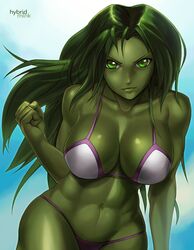  abs animification artist_name bikini breasts cleavage clenched_hand collarbone colored_skin commentary english_commentary female green_eyes green_hair green_skin hybridmink jennifer_walters large_breasts leaning_forward long_hair marvel muscular muscular_female obliques she-hulk solo swimsuit upper_body white_bikini 