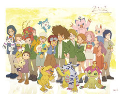  2002 4girls 6+boys :3 :d agumon arm_around_shoulder bad_id bad_pixiv_id bare_legs black_hair blazer blonde_hair blue_eyes bob_cut boots brown_hair bucket_hat carrying chibimon claws commentary_request creature crop_top digimon digimon_(creature) digimon_adventure_02 everyone flipped_hair flower gabumon glasses goggles goggles_on_head gomamon hair_ornament hairclip hand_on_another&#039;s_shoulder hand_on_own_hip hat hida_iori holding holding_creature horns ichijouji_ken inoue_miyako ishida_yamato izumi_koshiro jacket kido_jo kneehighs leg_up locked_arms long_hair long_sleeves looking_at_viewer miniskirt minomon motomiya_daisuke multiple_boys multiple_girls navel necktie odaiba_middle_school_uniform official_style one_eye_closed open_mouth own_hands_clasped own_hands_together palmon pants patamon pink_hair piyomon pleated_skirt poromon purple_hair reflection school_uniform serafuku shoes short_hair shorts simple_background single_horn sitting sitting_on_person skirt smile sneakers socks spiked_hair swept_bangs tachikawa_mimi tailmon takaishi_takeru takenouchi_sora temk tentomon turtleneck upamon vest white_legwear wings yagami_hikari yagami_taichi 