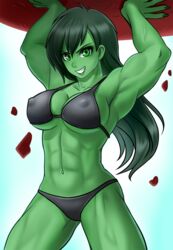  abs animification armpits arms_up bikini black_hair breasts carrying_overhead colored_skin commentary covered_nipples cowboy_shot female green_eyes green_nails green_skin grin highres jennifer_walters large_breasts long_hair looking_at_viewer marvel muscular muscular_female nail_polish nose purple_bikini racoon-kun rock she-hulk smile solo strong swimsuit underboob 