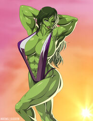  ;) abs adapted_costume armpits arms_behind_head breasts cleavage collaboration colored_skin commentary elee0228 english_commentary female gimp_(medium) green_eyes green_hair green_skin highres huge_breasts jennifer_walters lipstick long_hair makeup marvel mike_inel muscular muscular_female one_eye_closed purple_lips she-hulk sideboob slingshot_swimsuit smile solo swimsuit thick_thighs thighs 