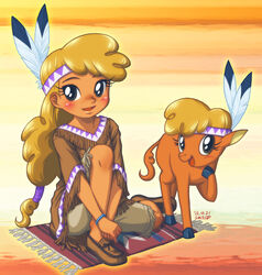  2013 american_bison bandana bedding bison blanket blonde_hair blush bovid bovine bracelet brown_eyes clothing desert duo equestria_girls feathers female feral friendship_is_magic fur hair hasbro human jewelry kerchief little_strongheart_(eg) little_strongheart_(mlp) long_hair looking_at_viewer mammal moccasins my_little_pony open_mouth outside ponytail sitting smile square_crossover uotapo warm_colors young young_female young_feral young_human 