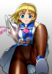  belt blonde_hair boots breasts brown_pantyhose cassandra_alexandra commentary_request crotch_seam dress elbow_gloves female gloves green_eyes hairband lips medium_breasts necktie obara_gaun panties panties_under_pantyhose pantyhose pink_necktie shield short_dress short_hair smile solo soulcalibur soulcalibur_ii sword thighband_pantyhose underwear weapon white_gloves 