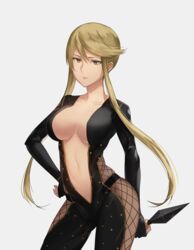  blonde_hair breasts center_opening cleavage female fishnets hand_on_hip highres kasuga_(sengoku_basara) kunai large_breasts lips navel ninja sendrawz sengoku_basara simple_background solo weapon yellow_eyes 