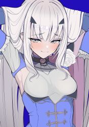  absurdres aiguillette armpits arms_behind_head arms_up blue_cape blue_dress blush breasts cape closed_mouth dragon_girl dress fate/grand_order fate_(series) female forked_eyebrows highres light_smile long_hair long_sleeves looking_at_viewer melusine_(fate) melusine_(second_ascension)_(fate) revision sidelocks small_breasts smile solo upper_body uriuriyukitti white_hair yellow_eyes 